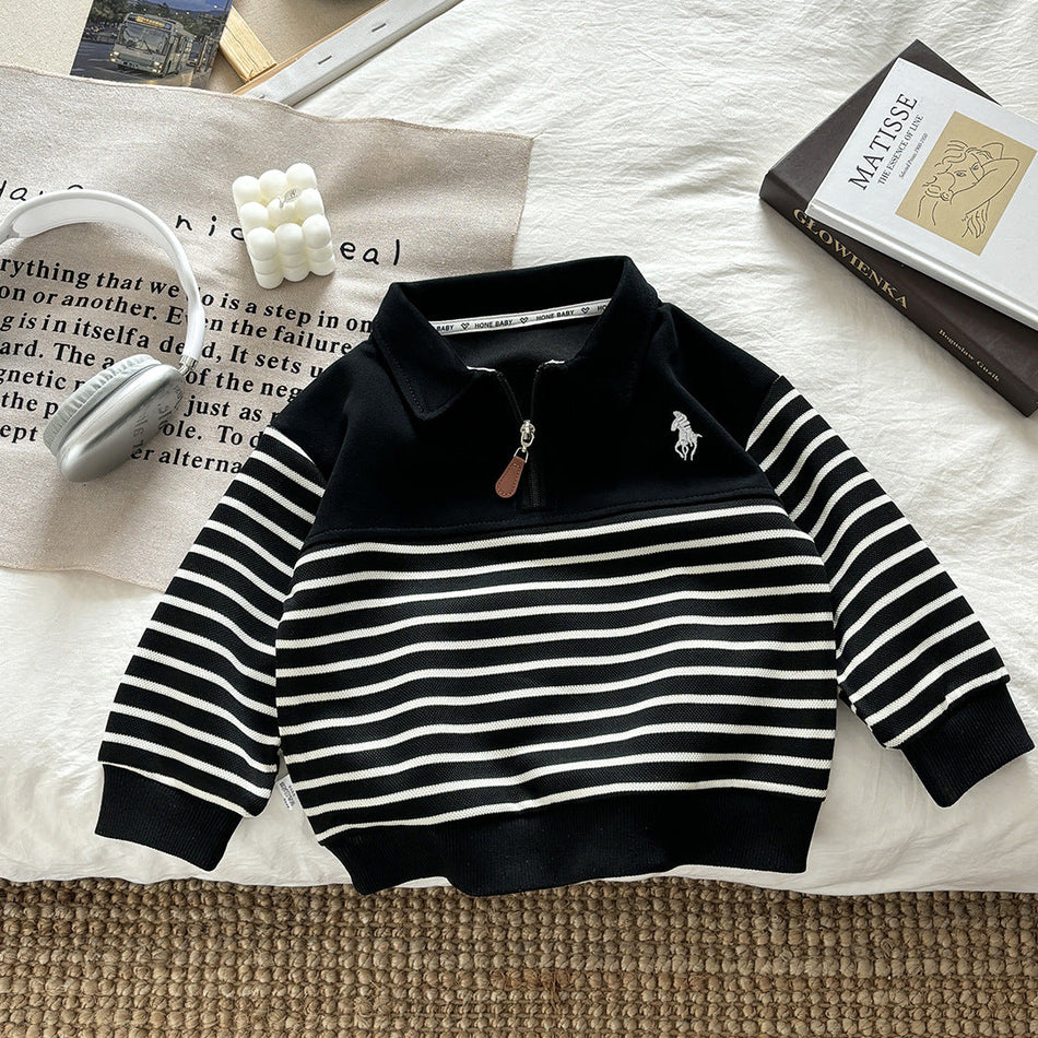 Kids' Striped Polo Collar Sweatshirt, Zip-Up Versatile Top