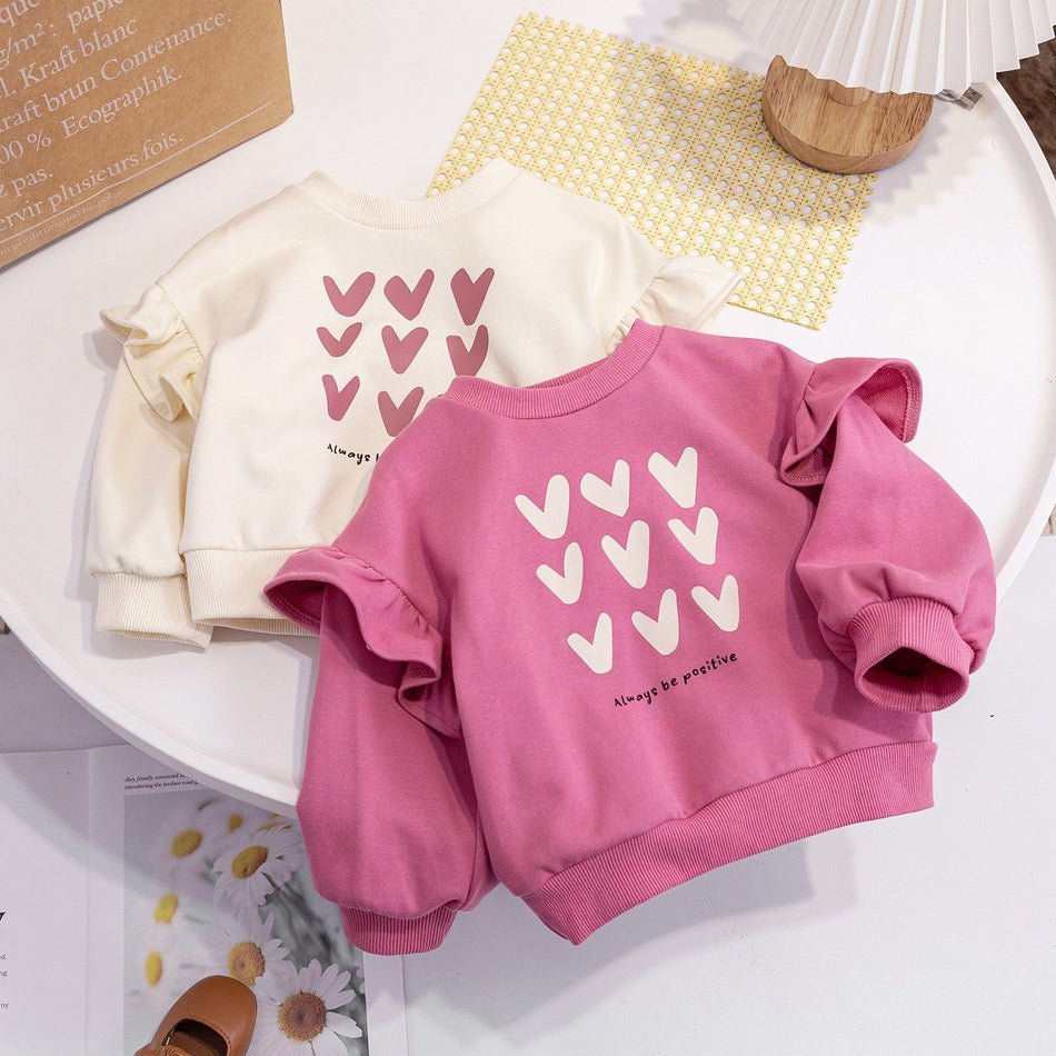 Girls' Heart-Shaped Round Neck Sweatshirt, Cute Pullover Top