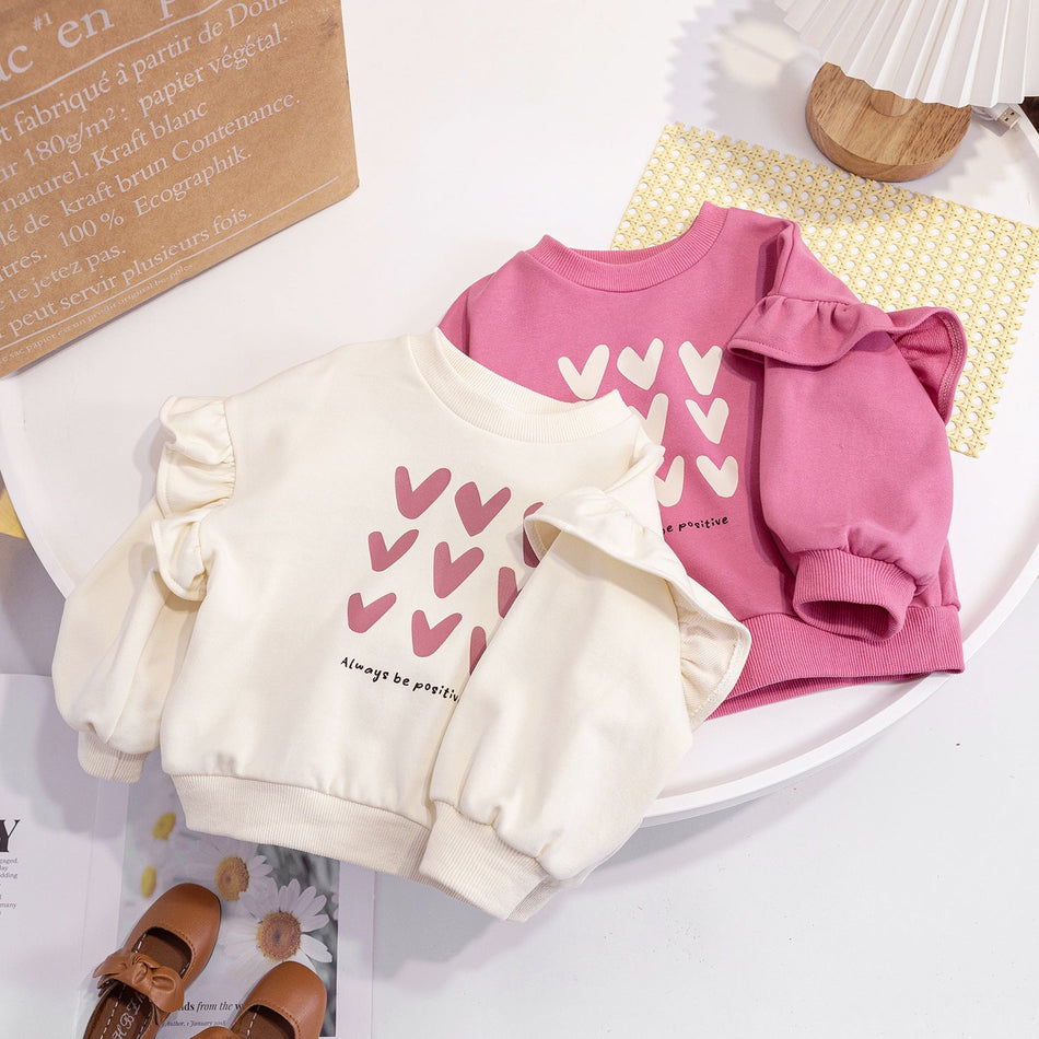 Girls' Heart-Shaped Round Neck Sweatshirt, Cute Pullover Top