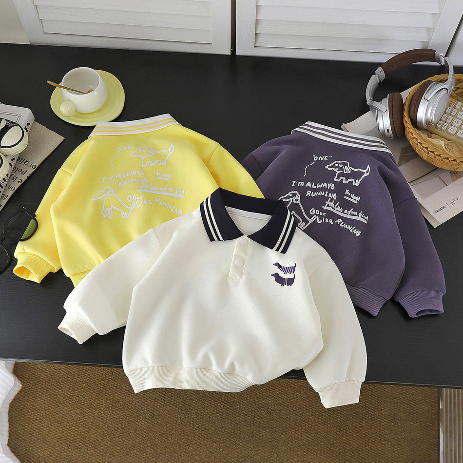 Kids' College Style Polo Sweatshirt, Cartoon Print Top