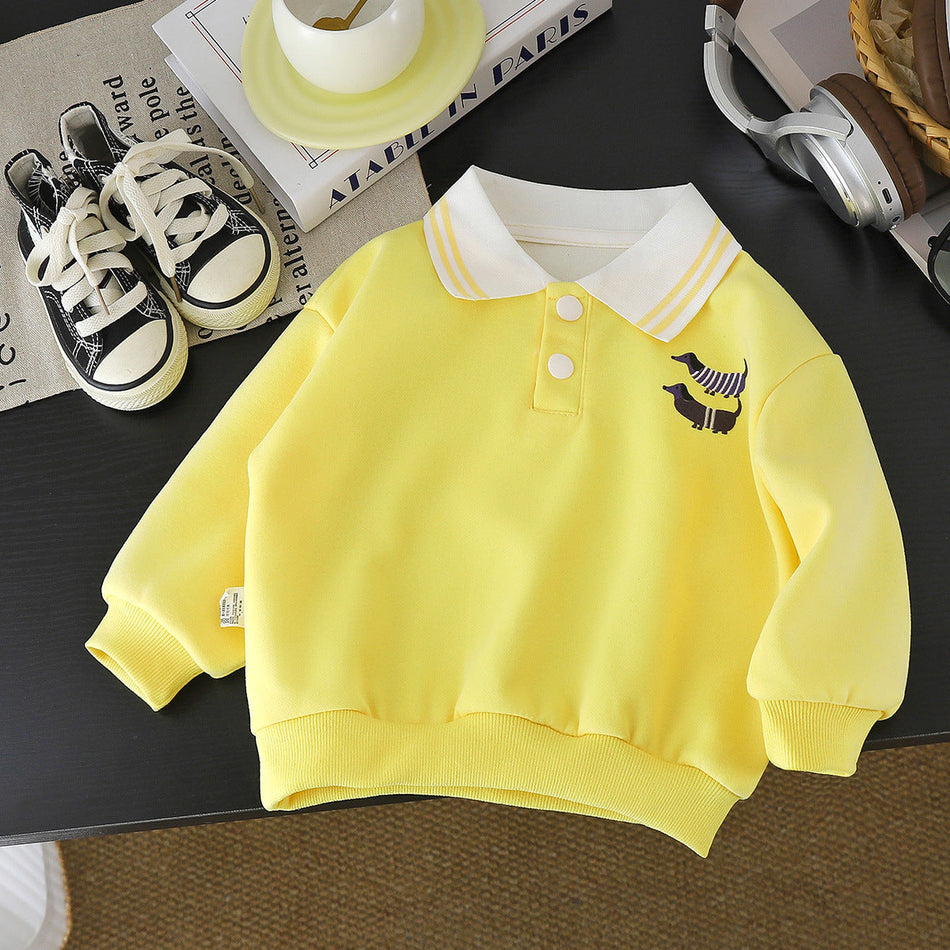 Kids' College Style Polo Sweatshirt, Cartoon Print Top
