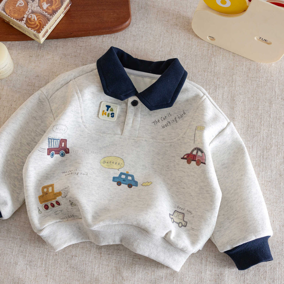 Boys' Polo Collar Sweatshirt, Cartoon Print Pullover Top