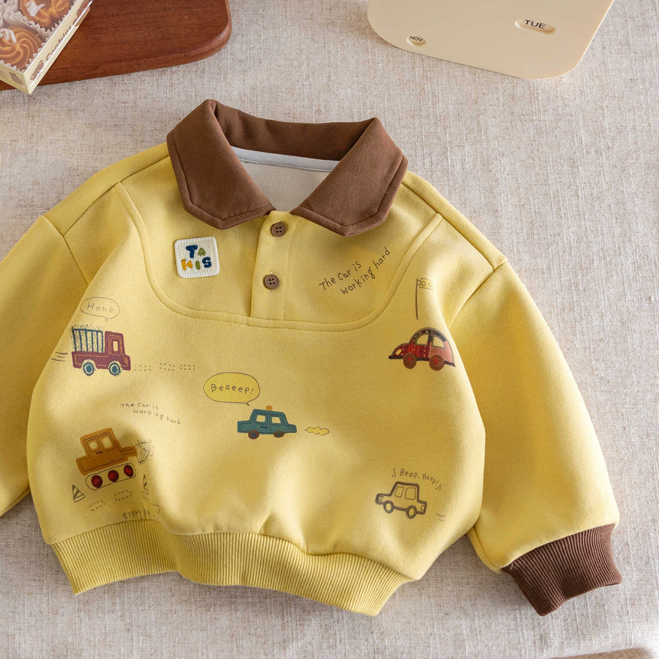 Boys' Polo Collar Sweatshirt, Cartoon Print Pullover Top