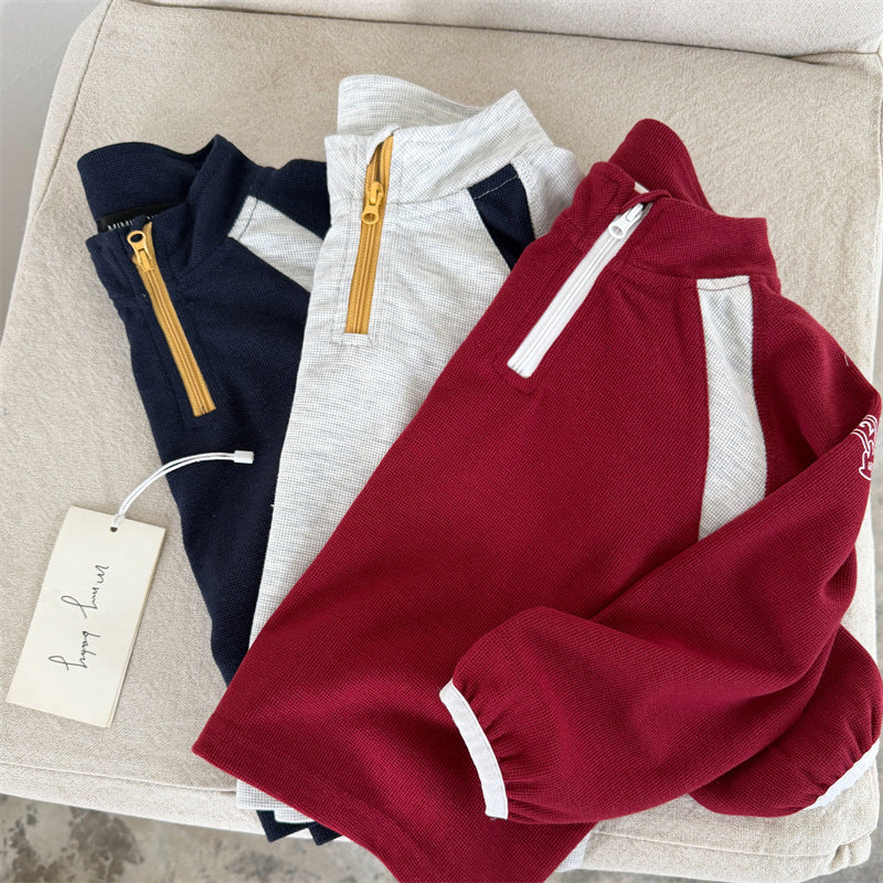 Kids' Stand Collar Zip Sweatshirt, Color-Blocked Top