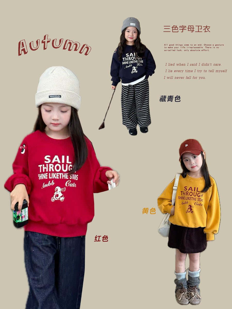 Girls' Embroidered Penguin Sweatshirt, Loose Casual Top