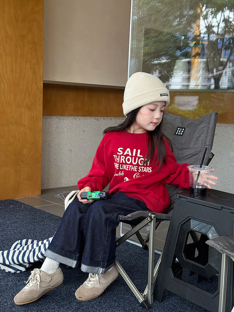 Girls' Embroidered Penguin Sweatshirt, Loose Casual Top