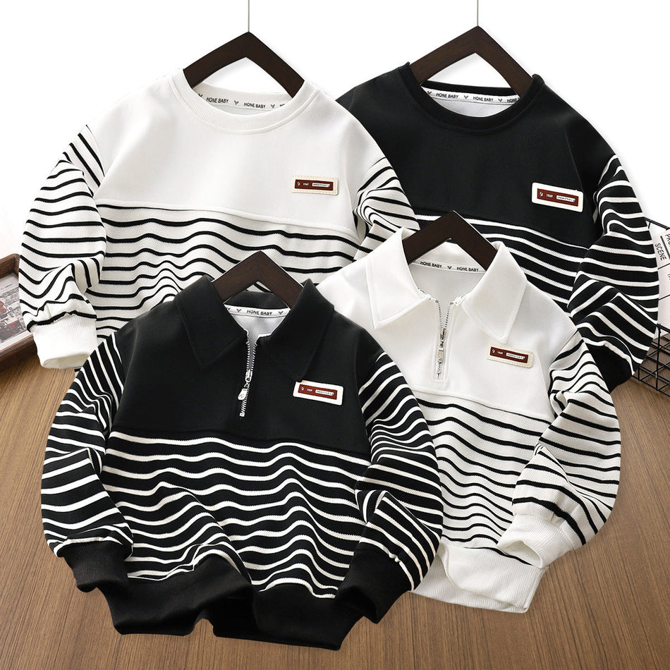 Boys' Striped Half-Zip Sweatshirt, Sport Style Crewneck Top