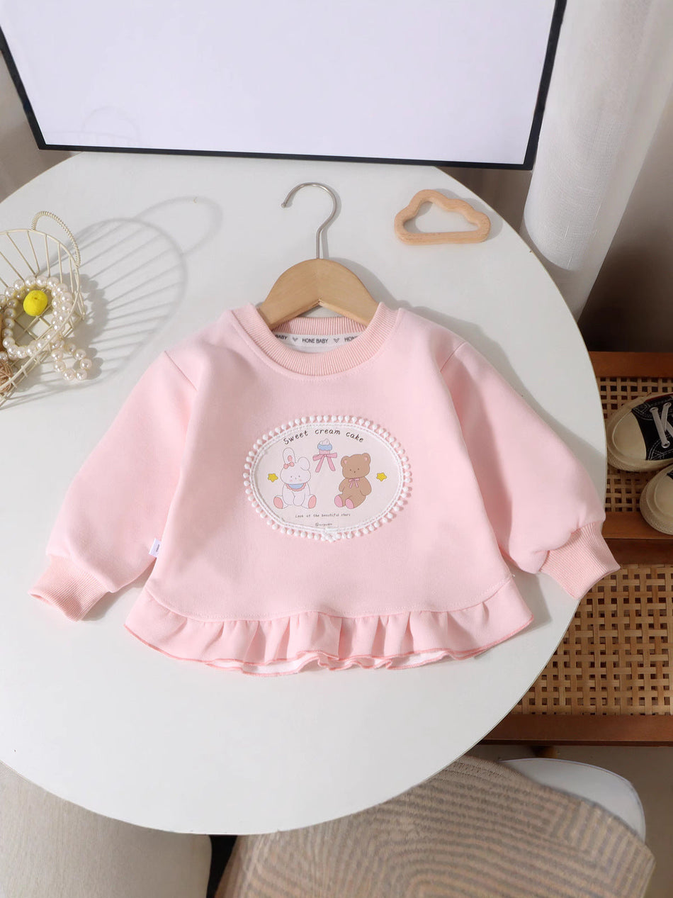 Girls' Ruffled Cartoon Sweatshirt, Round Neck Print Top