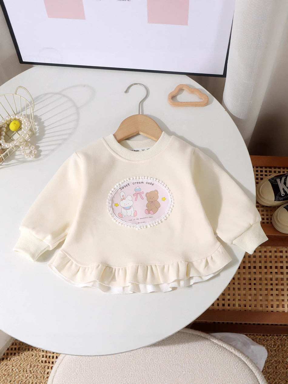 Girls' Ruffled Cartoon Sweatshirt, Round Neck Print Top