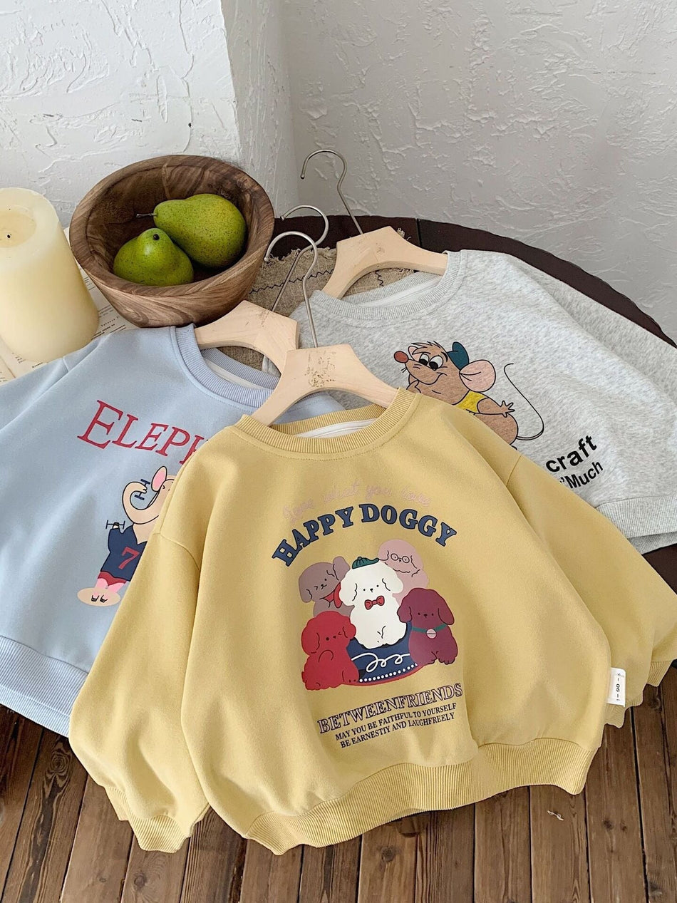 Boys' Cartoon Print Crewneck Sweatshirt, Cotton Pullover Top