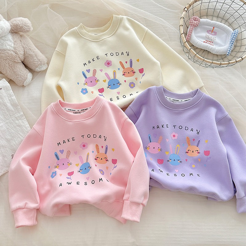 Girls' Cute Cartoon Sweatshirt, Casual Cotton Pullover Top