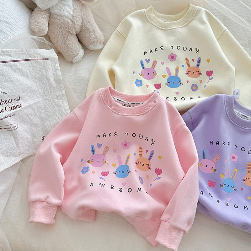 Girls' Cute Cartoon Sweatshirt, Casual Cotton Pullover Top