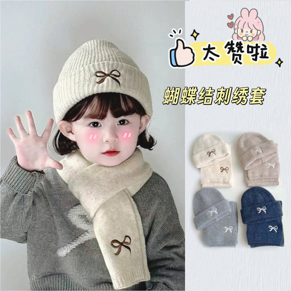 Kids' Bow Knitted Hat and Scarf Set, Wool Winter Suit