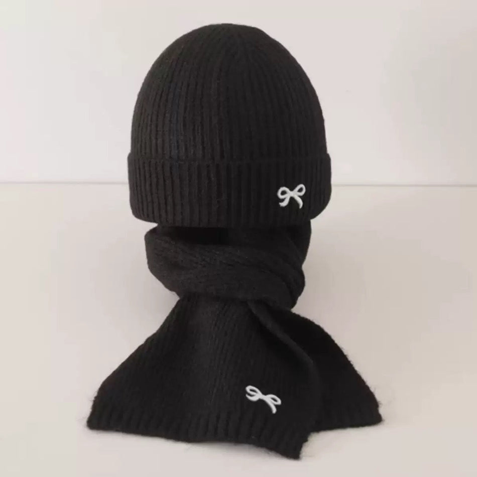 Kids' Bow Knitted Hat and Scarf Set, Wool Winter Suit