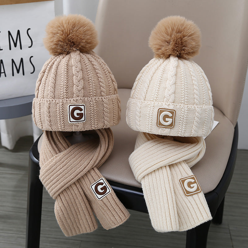 Kids' Knitted Hat and Scarf Set, Fleece-Lined Winter Cap