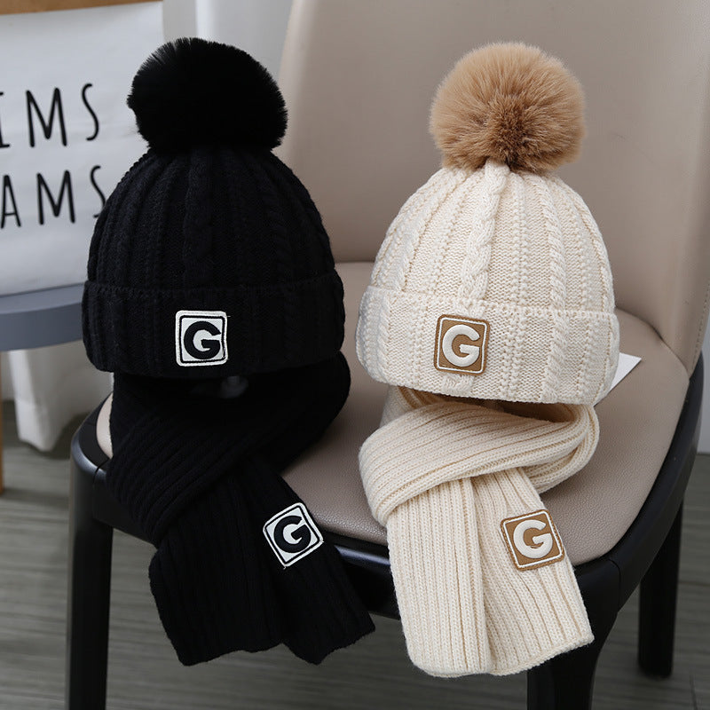 Kids' Knitted Hat and Scarf Set, Fleece-Lined Winter Cap