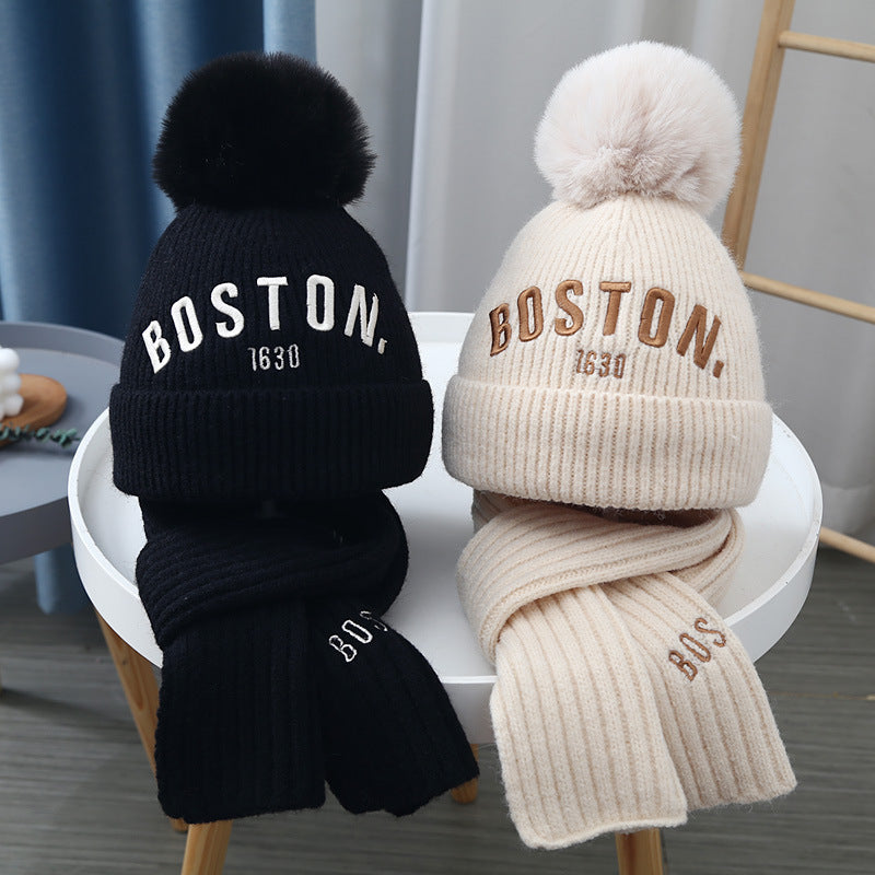 Kids' Knitted Beanie and Scarf Set, Thickened Warm Winter Hat