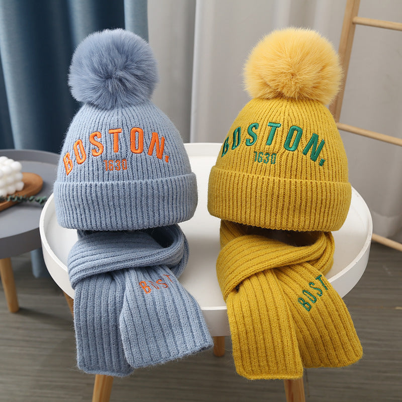 Kids' Knitted Beanie and Scarf Set, Thickened Warm Winter Hat