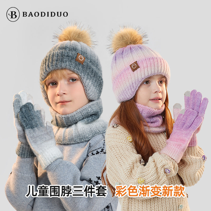 Kids' Gradient Knitted Hat, Scarf and Gloves Three-Piece Set