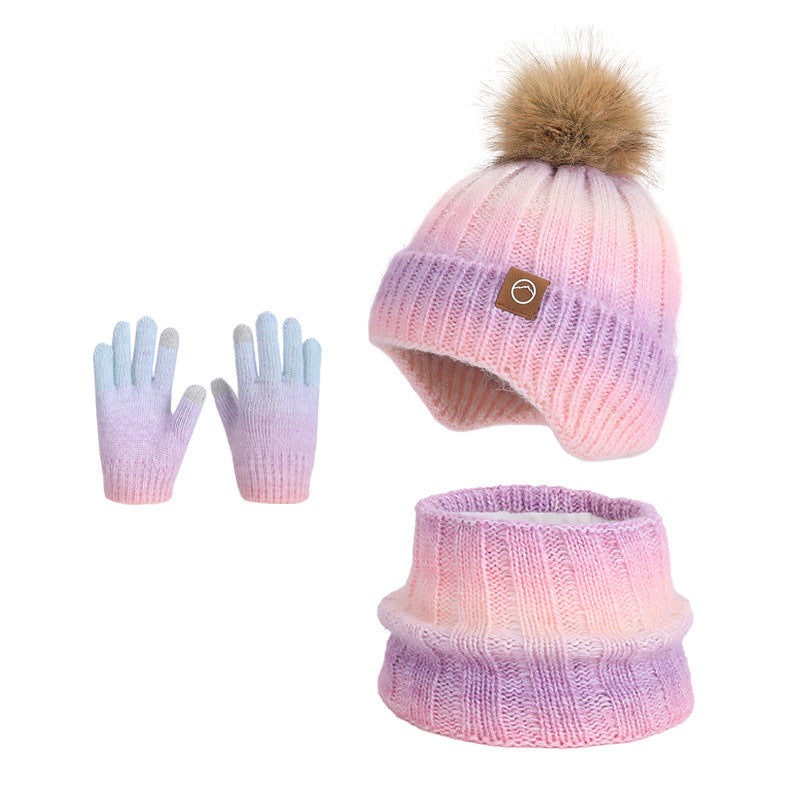 Kids' Gradient Knitted Hat, Scarf and Gloves Three-Piece Set