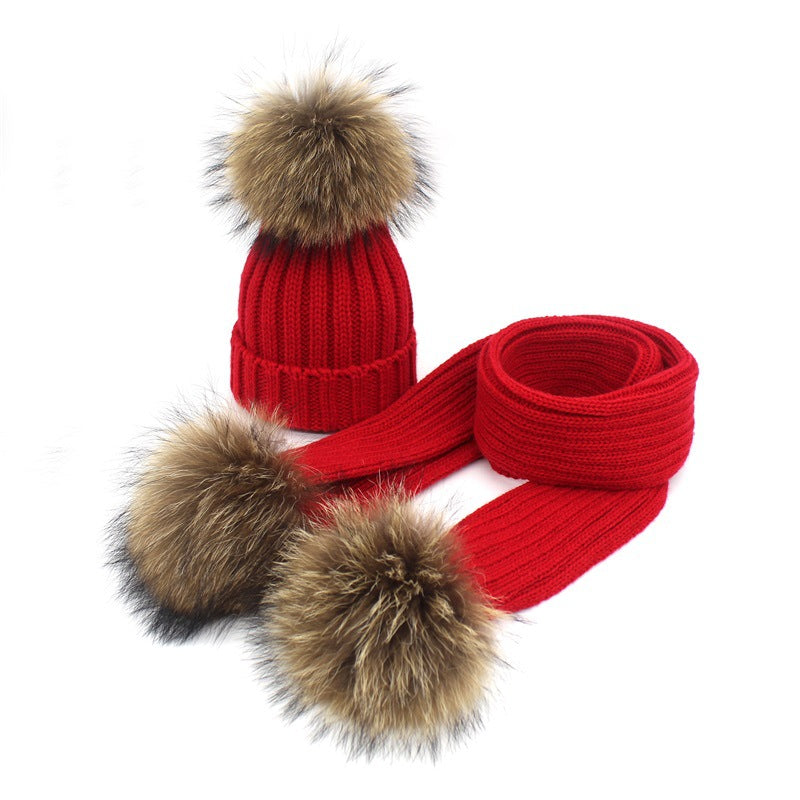 Kids' Fur Ball Knitted Hat and Scarf Set, Warm Winter