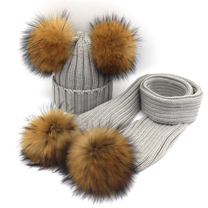 Kids' Fur Ball Knitted Hat and Scarf Set, Warm Winter