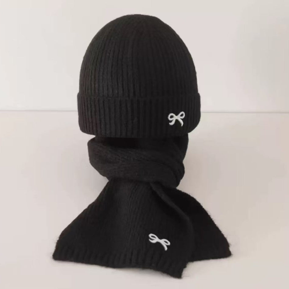 Kids' Embroidered Bow Knitted Hat and Scarf Set