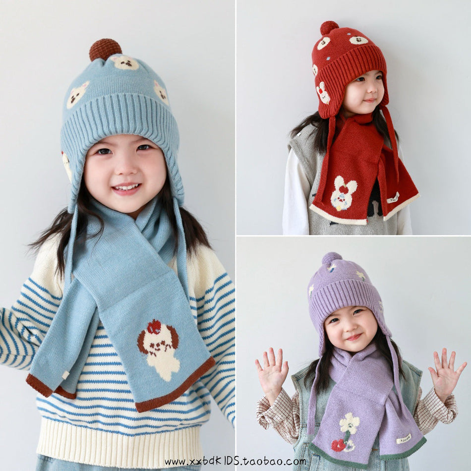 Kids' Ear Protection Embroidered Hat, Scarf Set