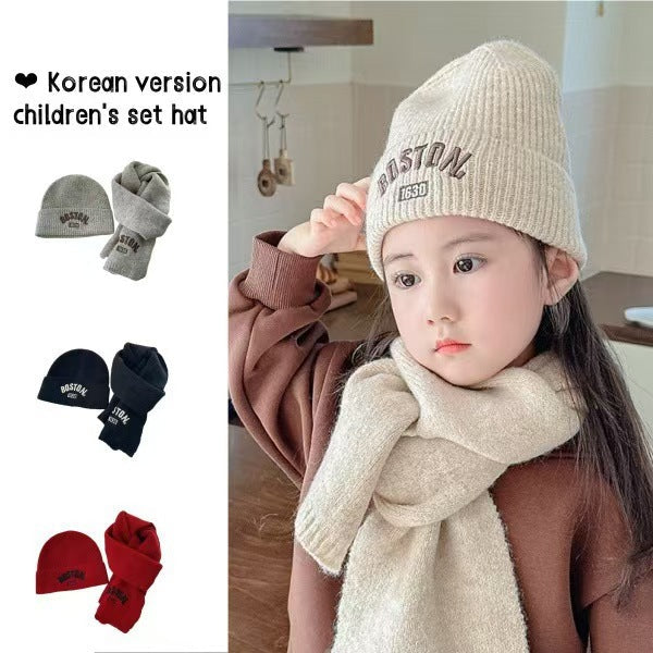Kids' Letter Embroidered Knitted Hat and Scarf Set