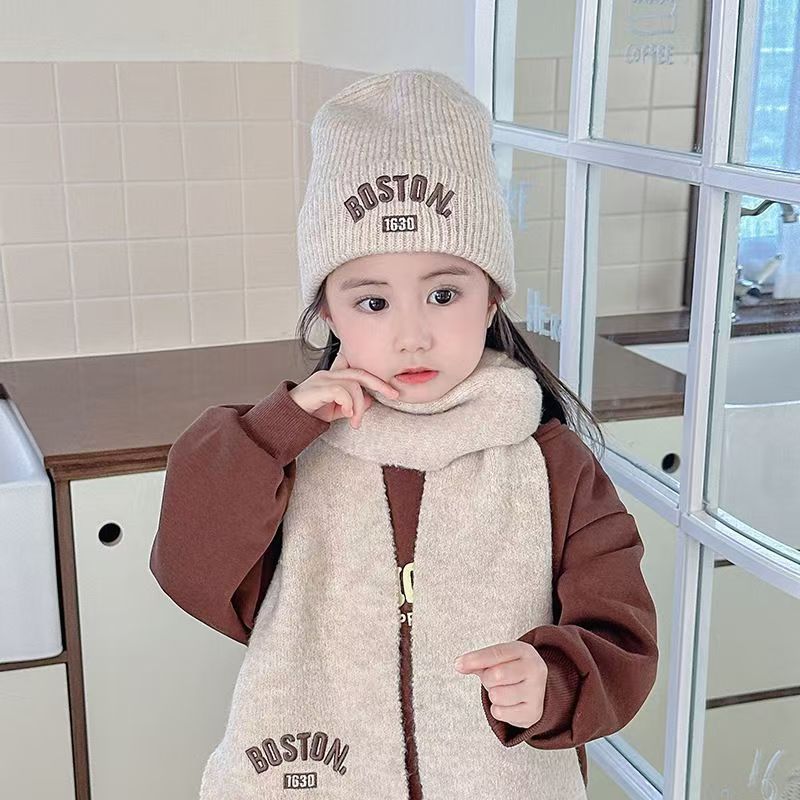 Kids' Letter Embroidered Knitted Hat and Scarf Set