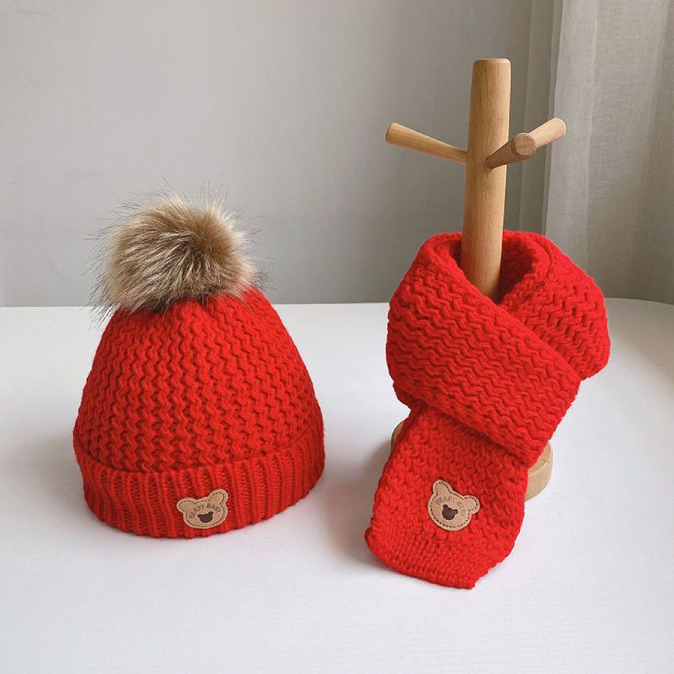 Kids' Cartoon Knitted Hat and Scarf Set, Fleece-Lined Warm