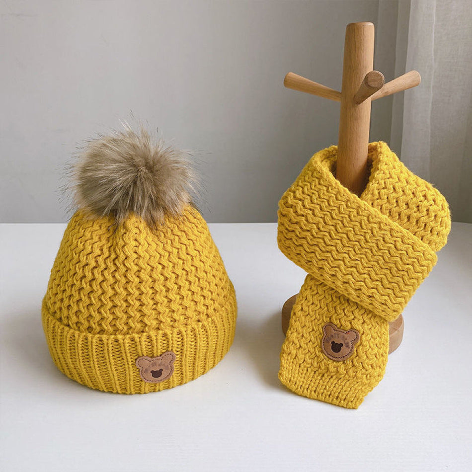 Kids' Cartoon Knitted Hat and Scarf Set, Fleece-Lined Warm