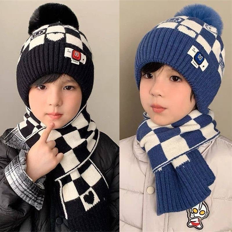Kids' Smiley Plaid Jacquard Hat, Thickened Fur Ball Cap