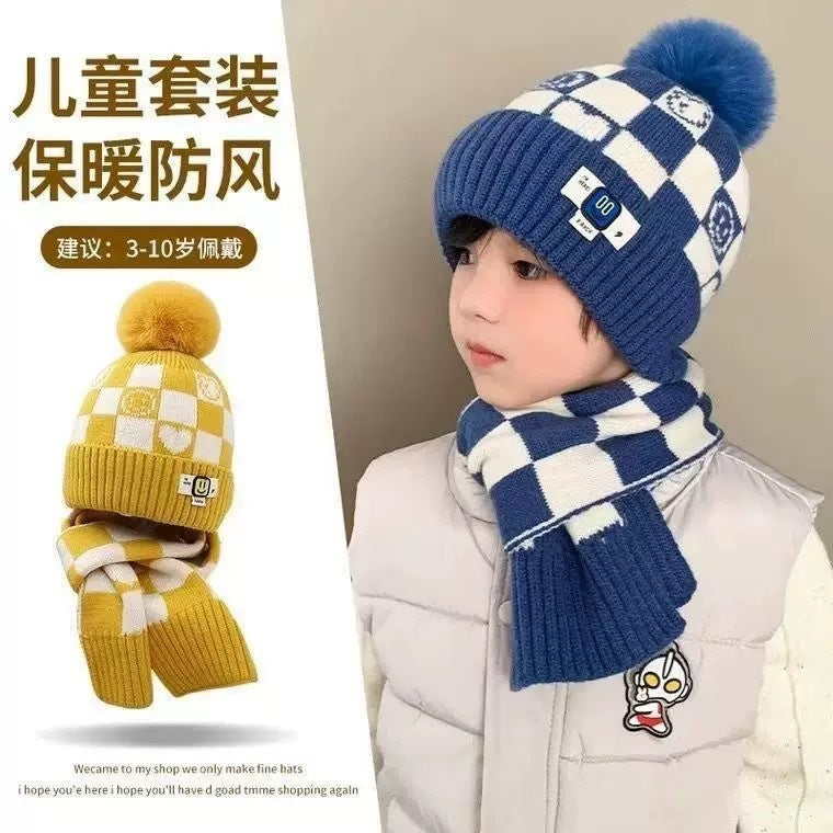 Kids' Smiley Plaid Jacquard Hat, Thickened Fur Ball Cap