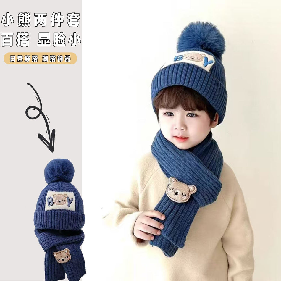Kids' Bear Knitted Hat and Scarf Set, Embroidered Letter Top