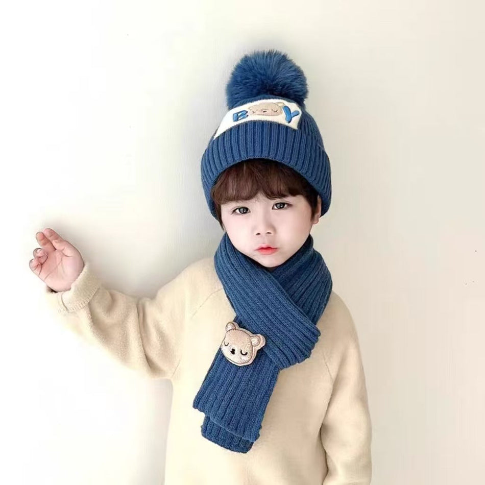 Kids' Bear Knitted Hat and Scarf Set, Embroidered Letter Top
