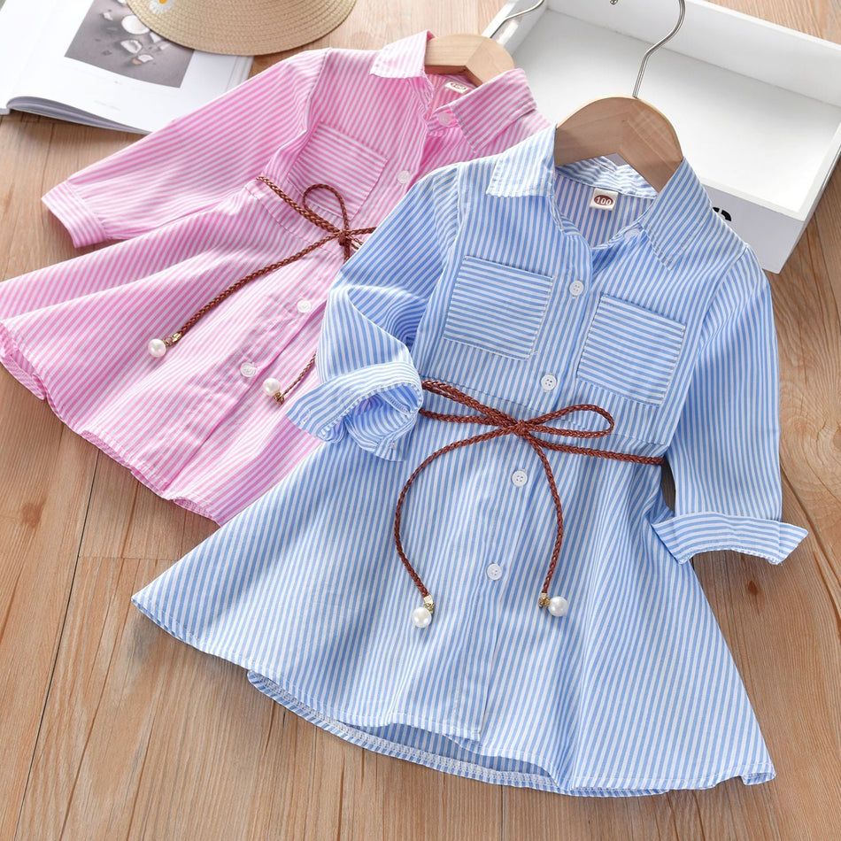 Girls' Korean Striped Shirt Dress, Cute Cotton Frock