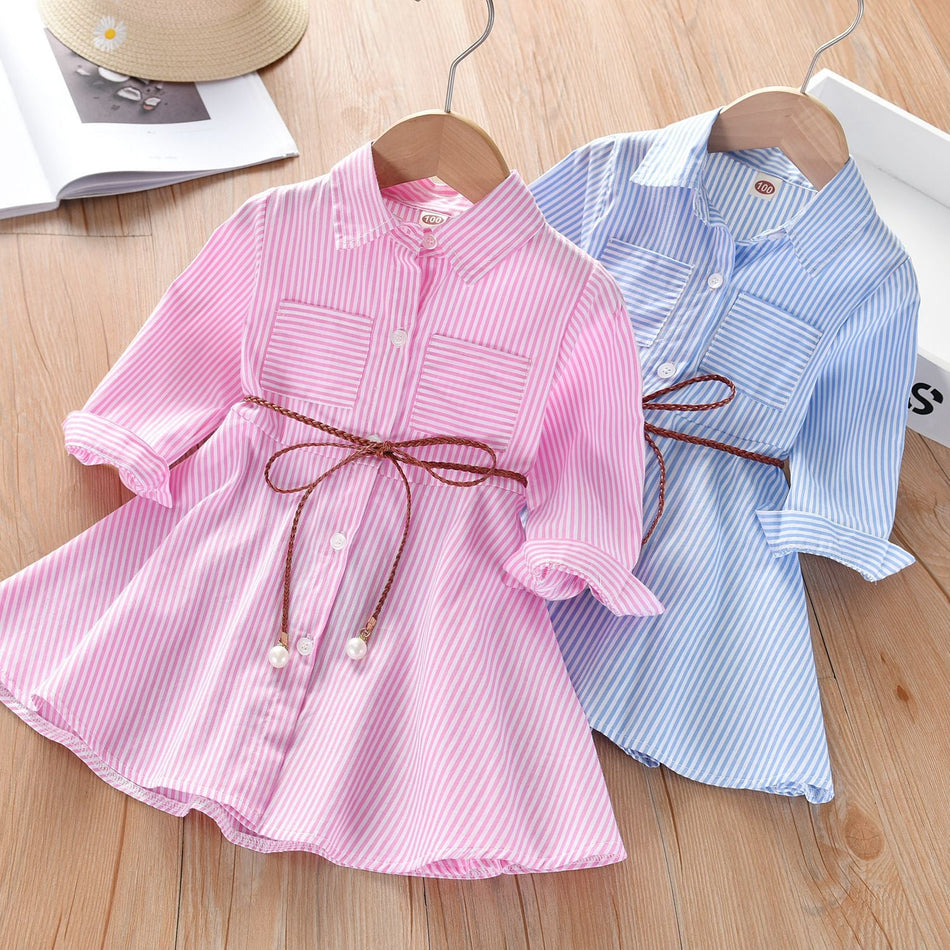 Girls' Korean Striped Shirt Dress, Cute Cotton Frock