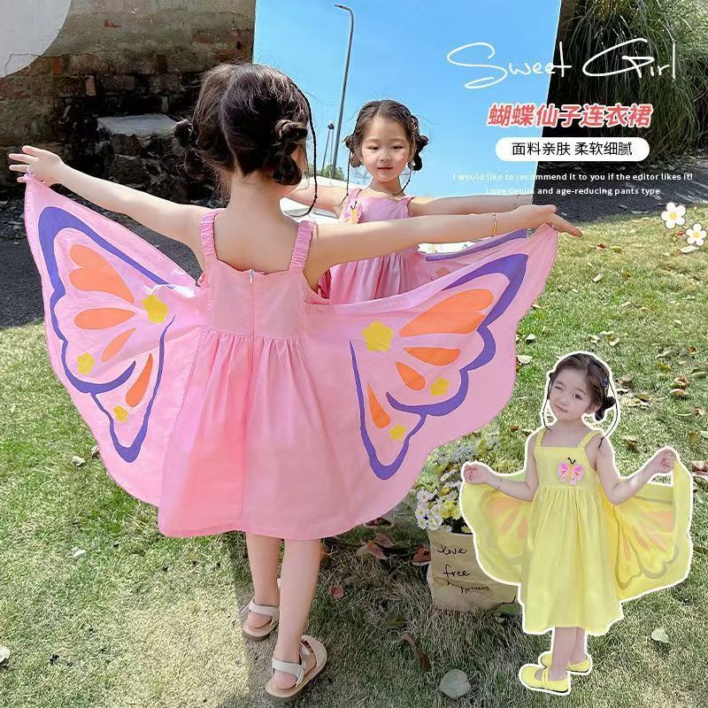 Girls' Butterfly Print Suspender Dress, Sweet Chiffon Frock