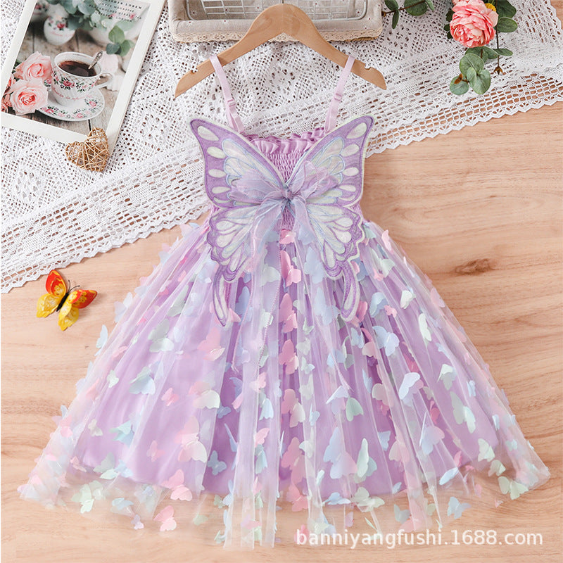 Girls' Colorful Butterfly Pleated Dress, Pure Cotton Skirt