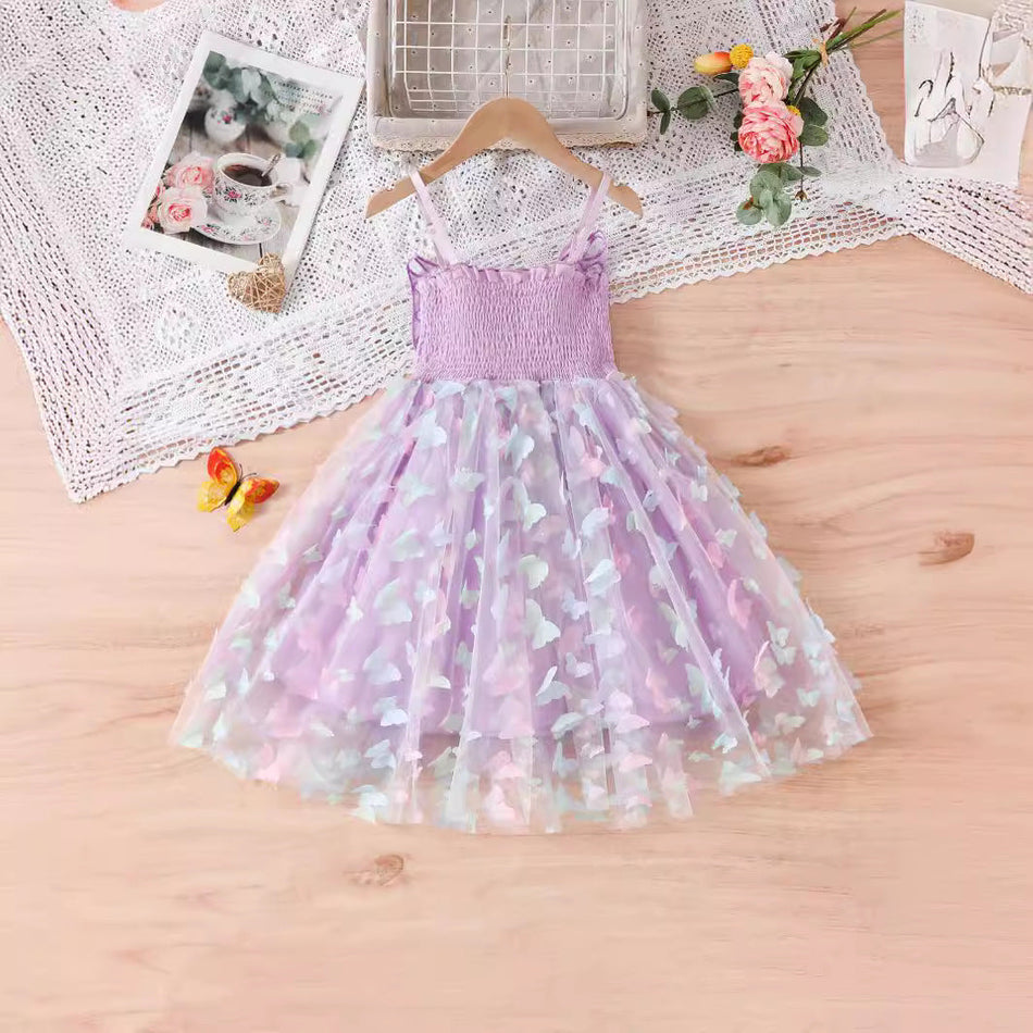 Girls' Colorful Butterfly Pleated Dress, Pure Cotton Skirt