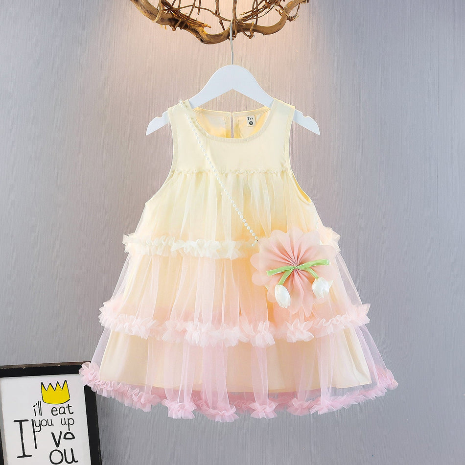Girls' Three-Layer Gauze Vest Dress, Cotton A-Line Skirt