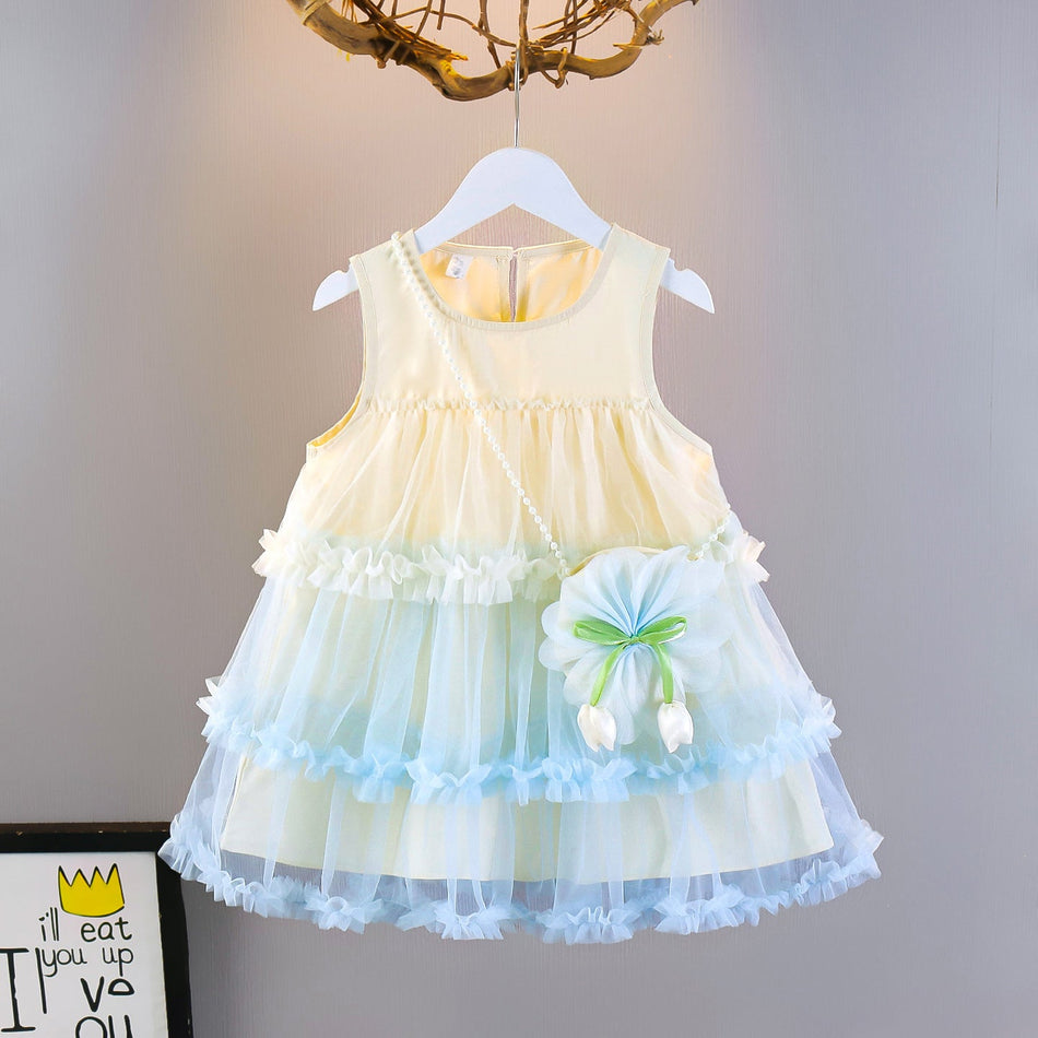 Girls' Three-Layer Gauze Vest Dress, Cotton A-Line Skirt