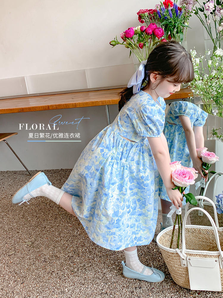 Girls' Pure Cotton Floral Princess Dress, Pastoral A-Line