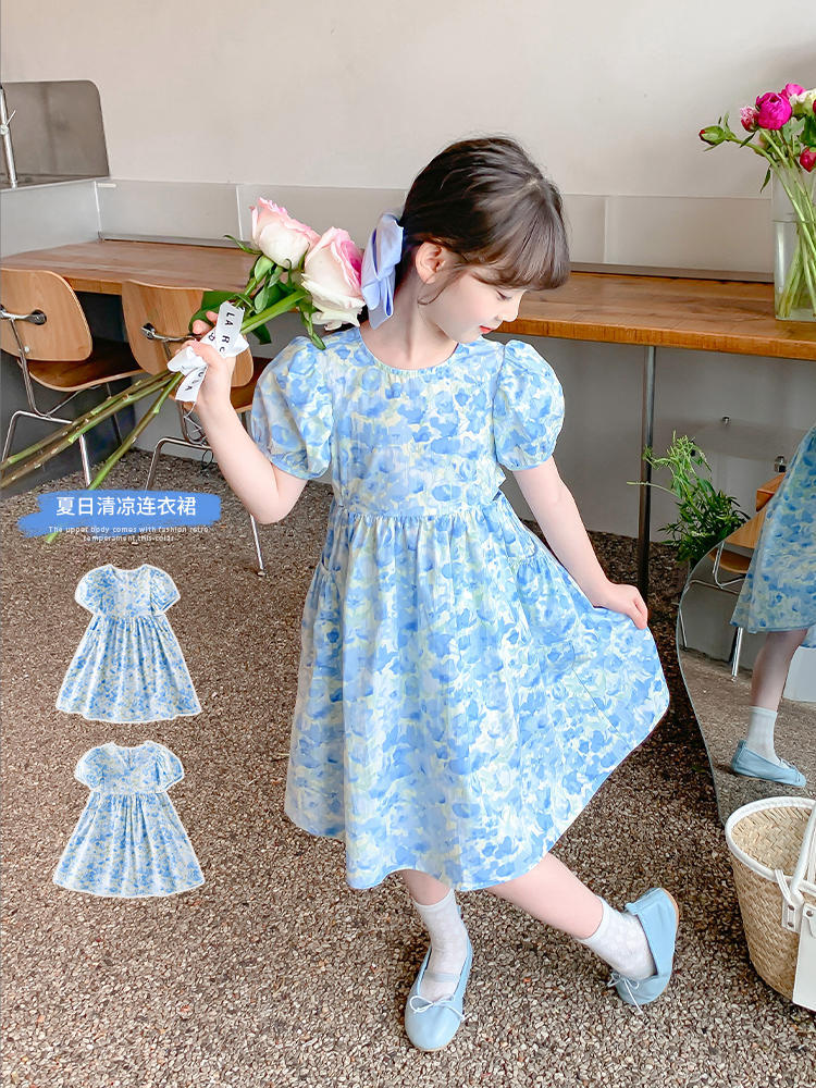 Girls' Pure Cotton Floral Princess Dress, Pastoral A-Line