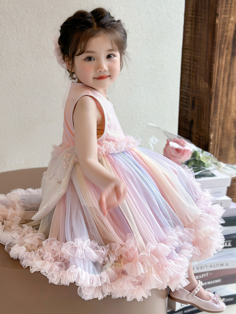 Girls' Rainbow Cake Mesh Dress, Korean Strap Style