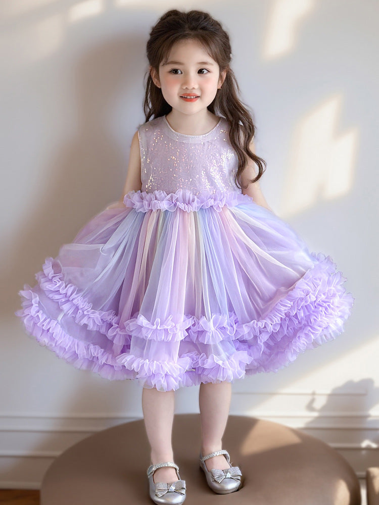 Girls' Rainbow Cake Mesh Dress, Korean Strap Style