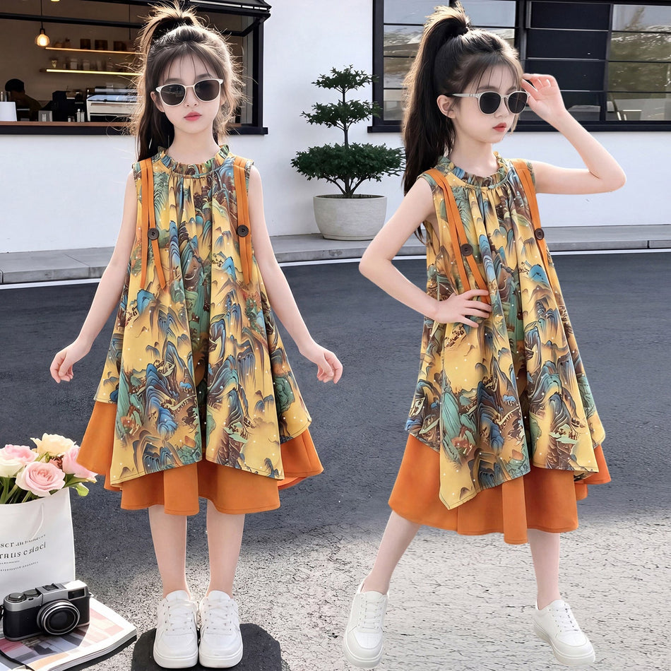 Girls' New Chinese Style Landscape Print Princess Dress