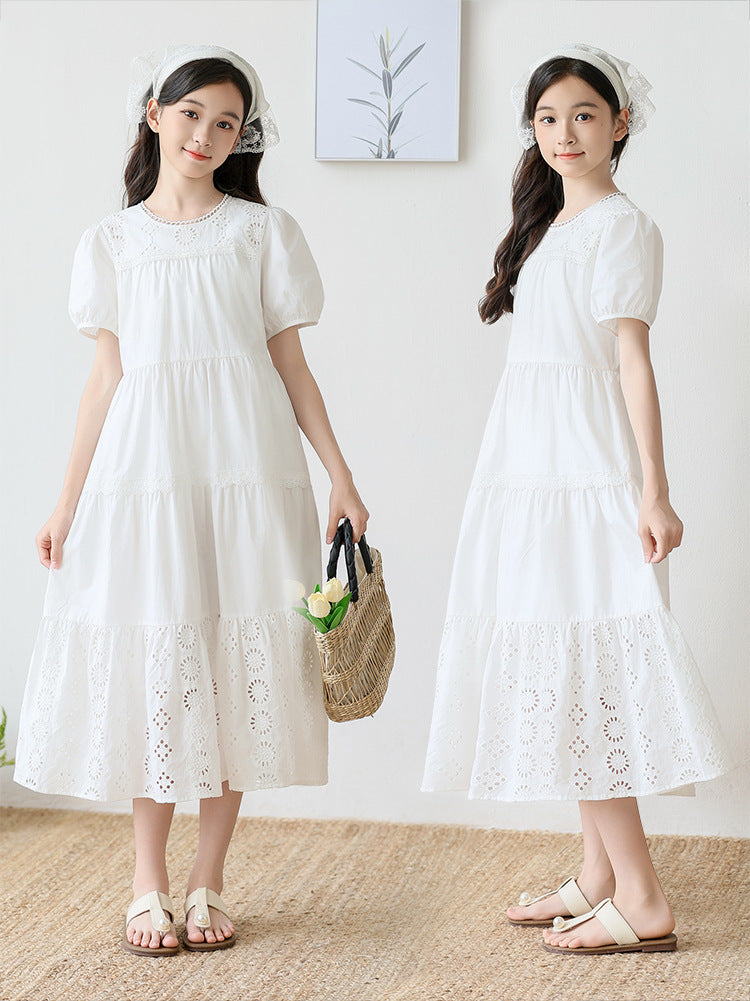 Girls Cotton A-Line Dress with Short Sleeves for Summer