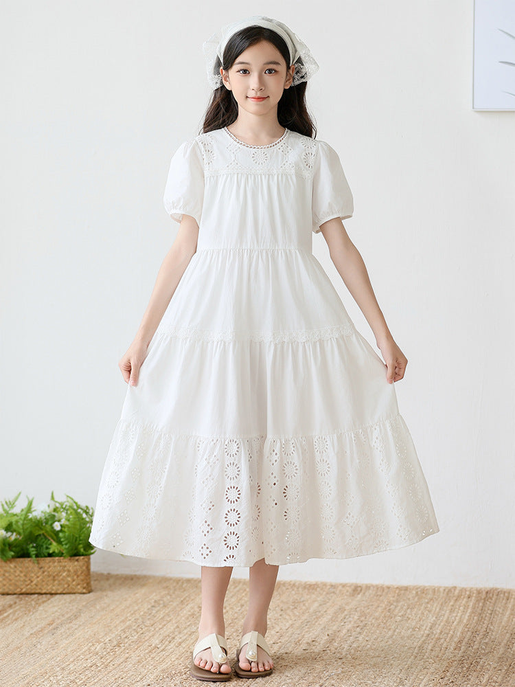 Girls Cotton A-Line Dress with Short Sleeves for Summer